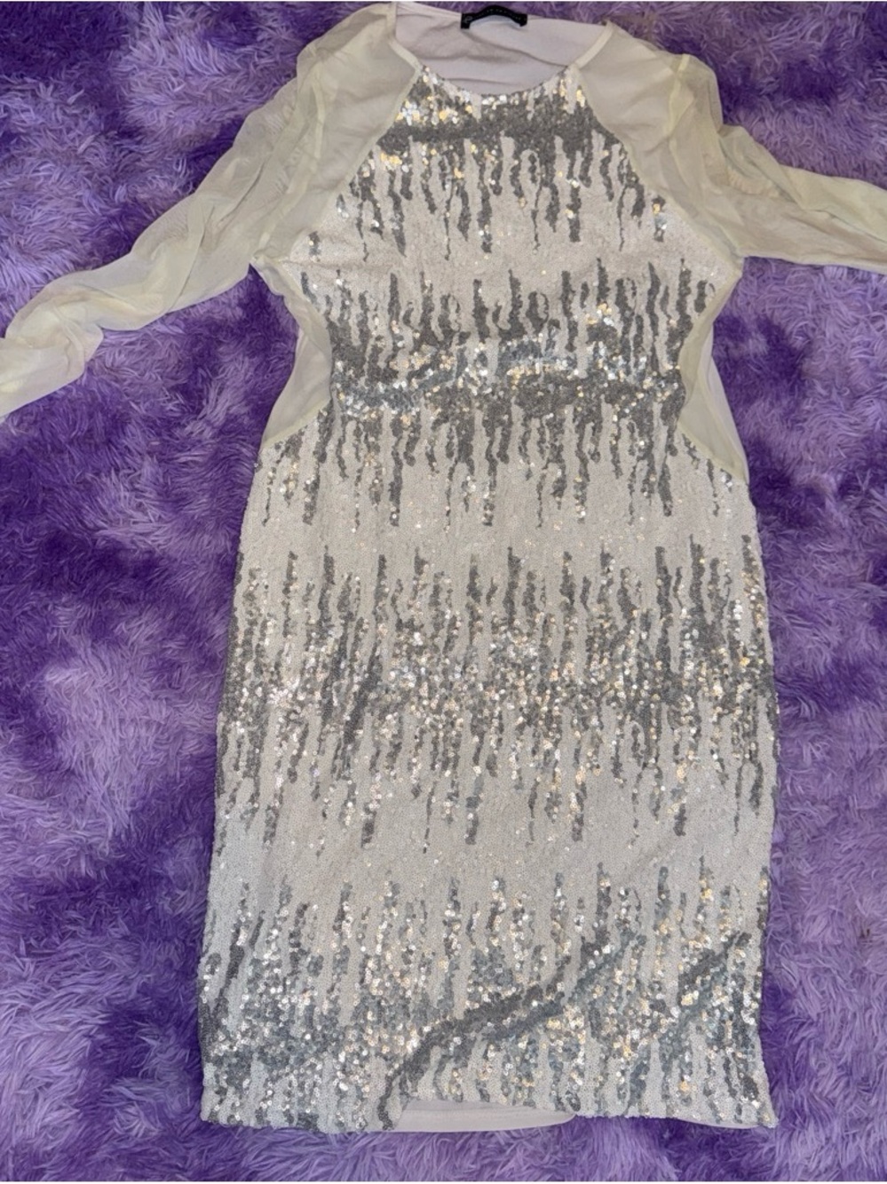 Fashion to Figure White and Silver Sequin Midi Dress with Sheer Sleeves